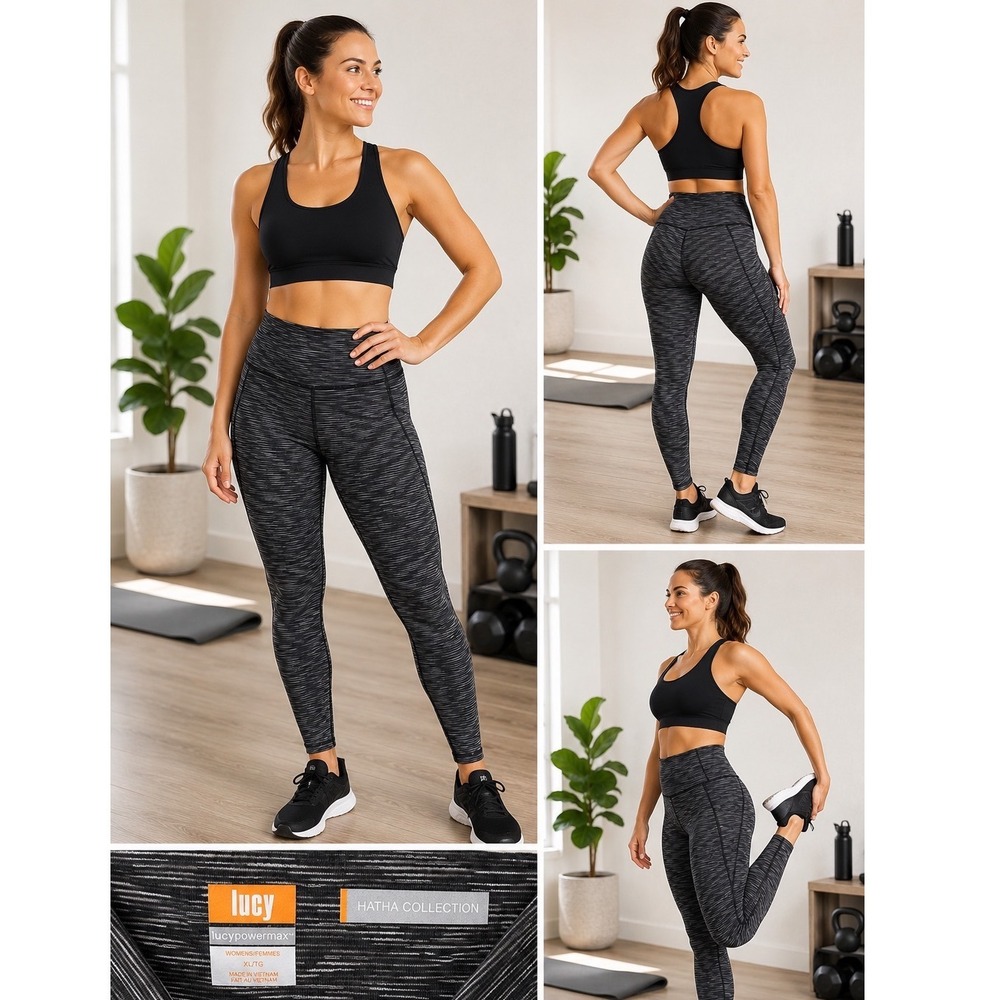 Lucy Hatha Collection Leggings Womens XL Black Grey Space‎ Dye Powermax Athletic